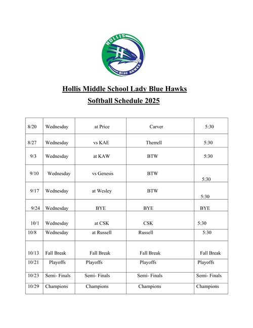 2025 Lady Blue Hawks Softball Schedule